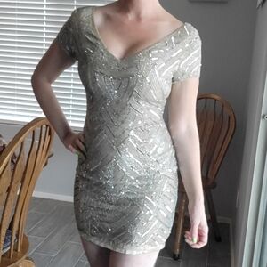 Parker Black label silver gold cream sequin beaded short dress sparkly gown prom